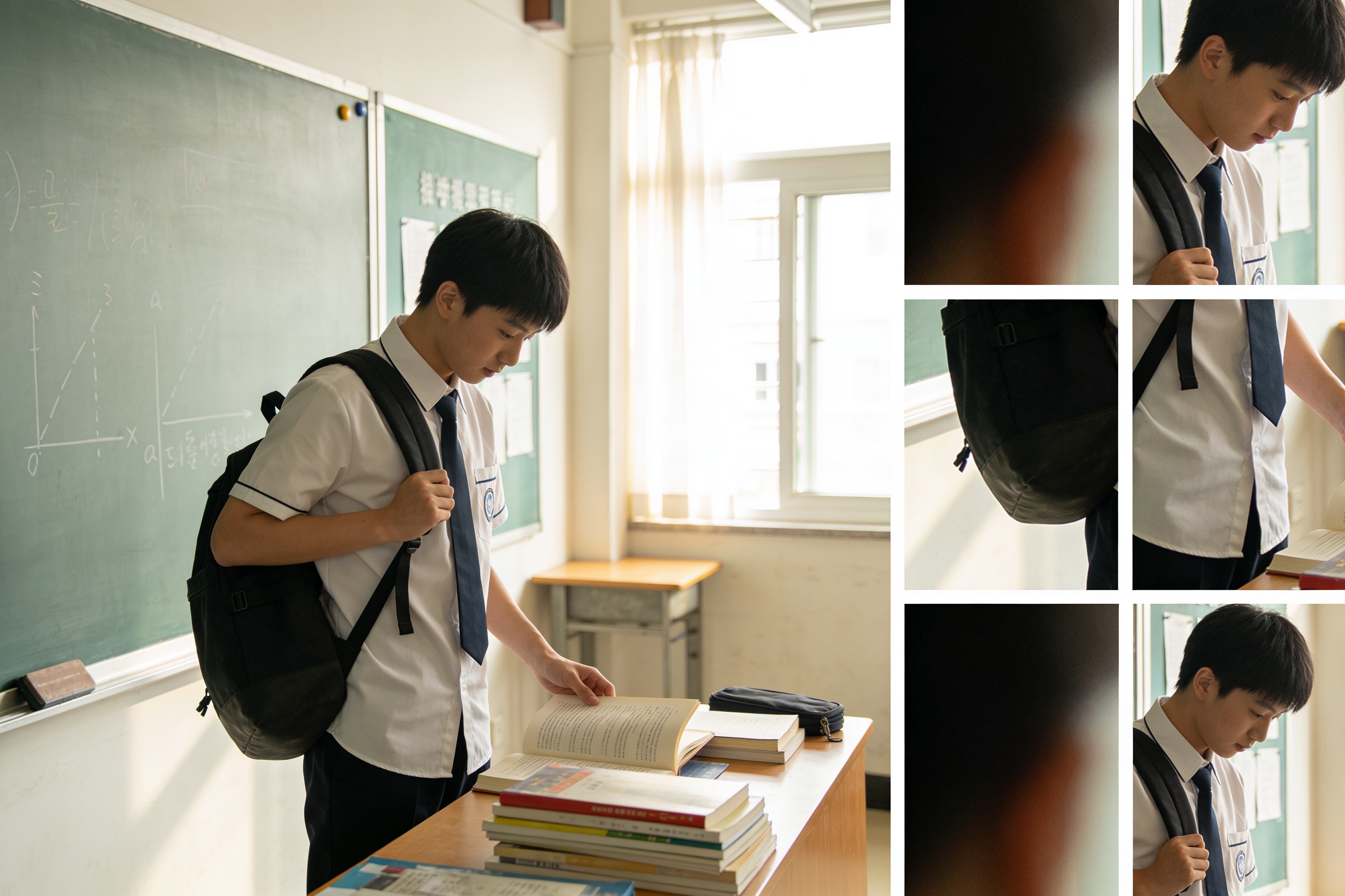 张小宇角色剧照，青少年男生在学校场景