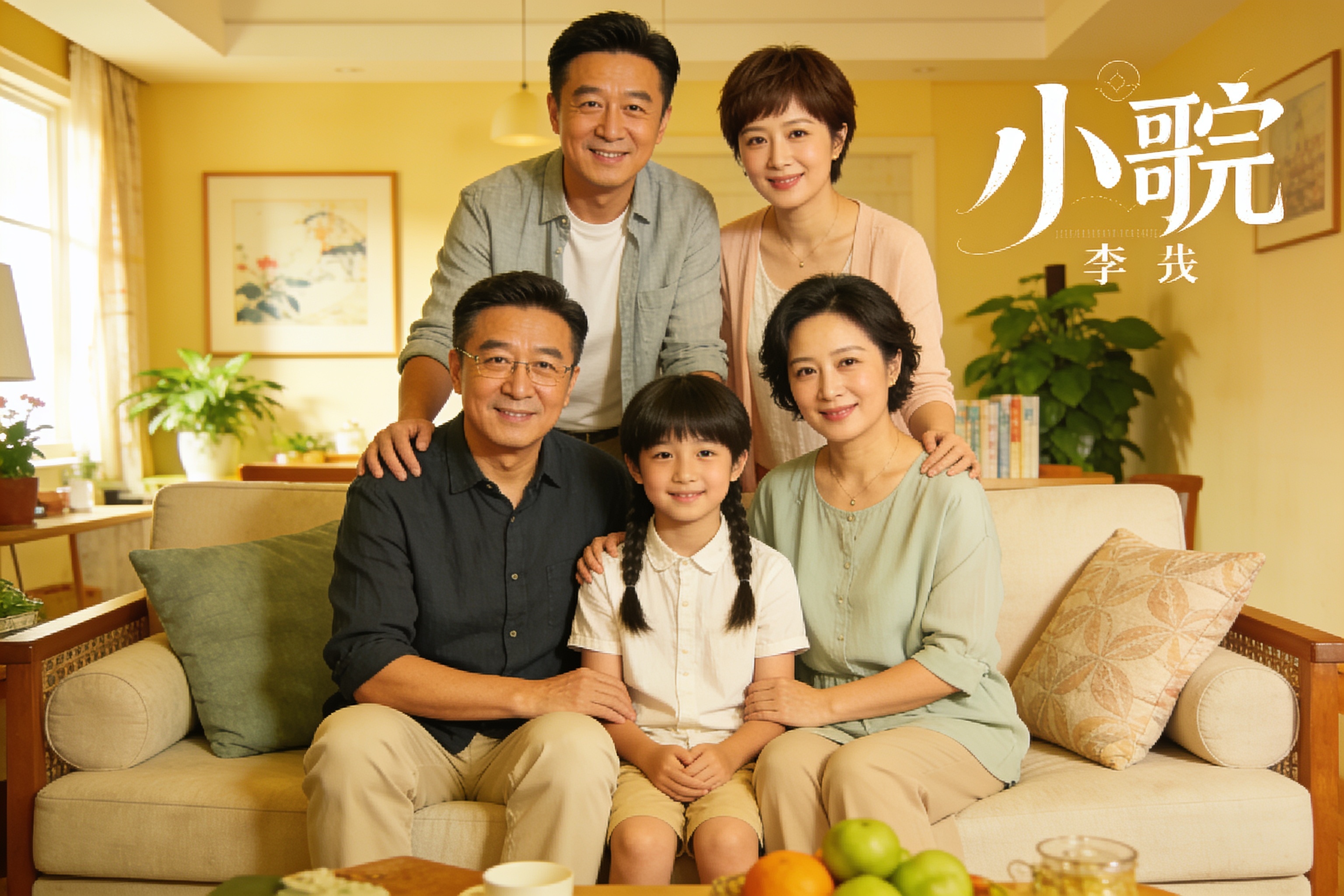 电视剧小别离官方海报，展示黄磊海清及三组家庭成员在温馨家庭场景中的合影，背景为柔和的客厅环境